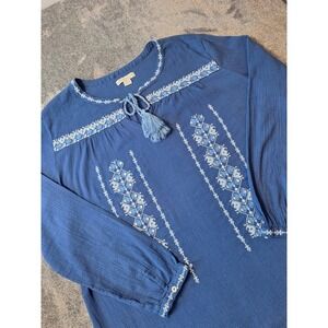 Khakis & CO Embroidered Peasant Blouse Womens L Blue‎ Aztec Guazy Tassels Boho